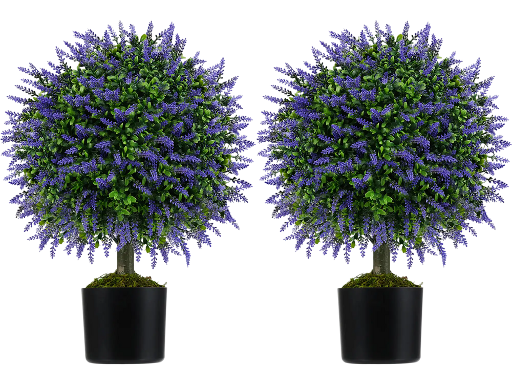 Set of 2 artificial lavender topiary ball trees in cement-filled pots, perfect for indoor and outdoor decor.