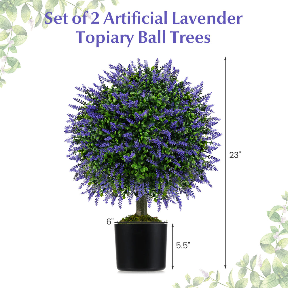 Set of 2 artificial lavender topiary ball trees, 23 inches tall, with cement-filled pots for indoor and outdoor decor.