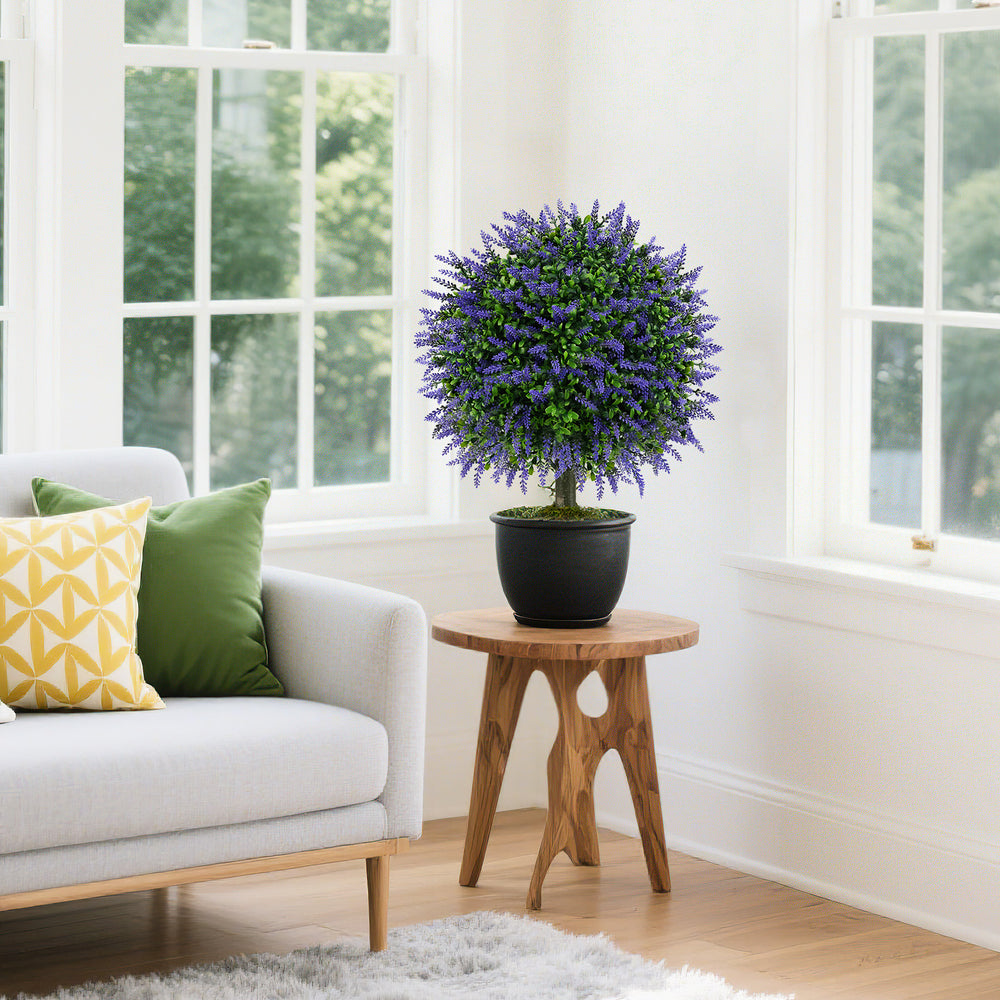 Artificial lavender topiary ball tree in a cement-filled pot, perfect for indoor decor and requiring no maintenance.