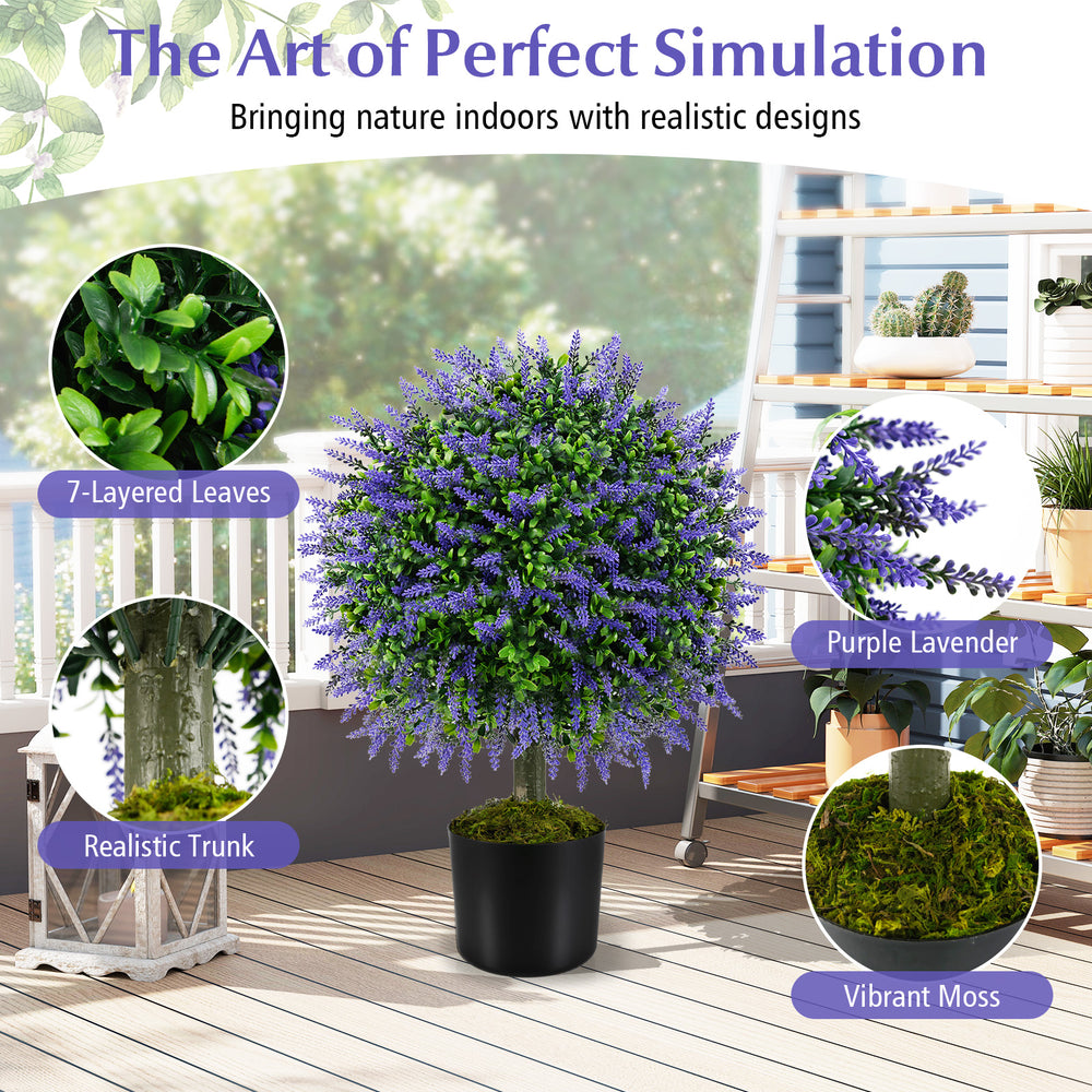 Set of 2 artificial lavender topiary ball trees, 23 inches, with cement-filled pot for indoor and outdoor decor.