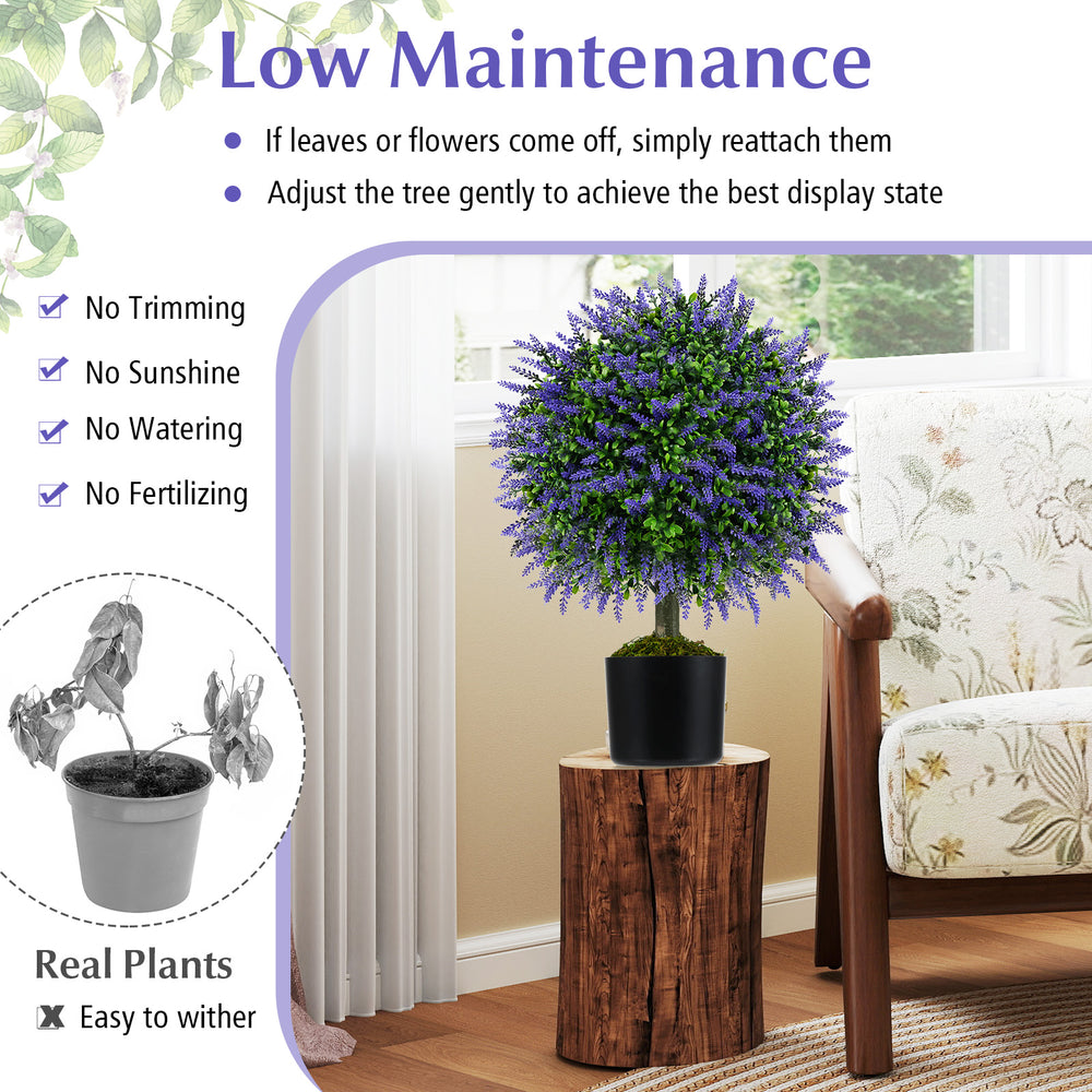 Set of 2 artificial lavender topiary ball trees in cement-filled pots, perfect for low-maintenance indoor and outdoor.