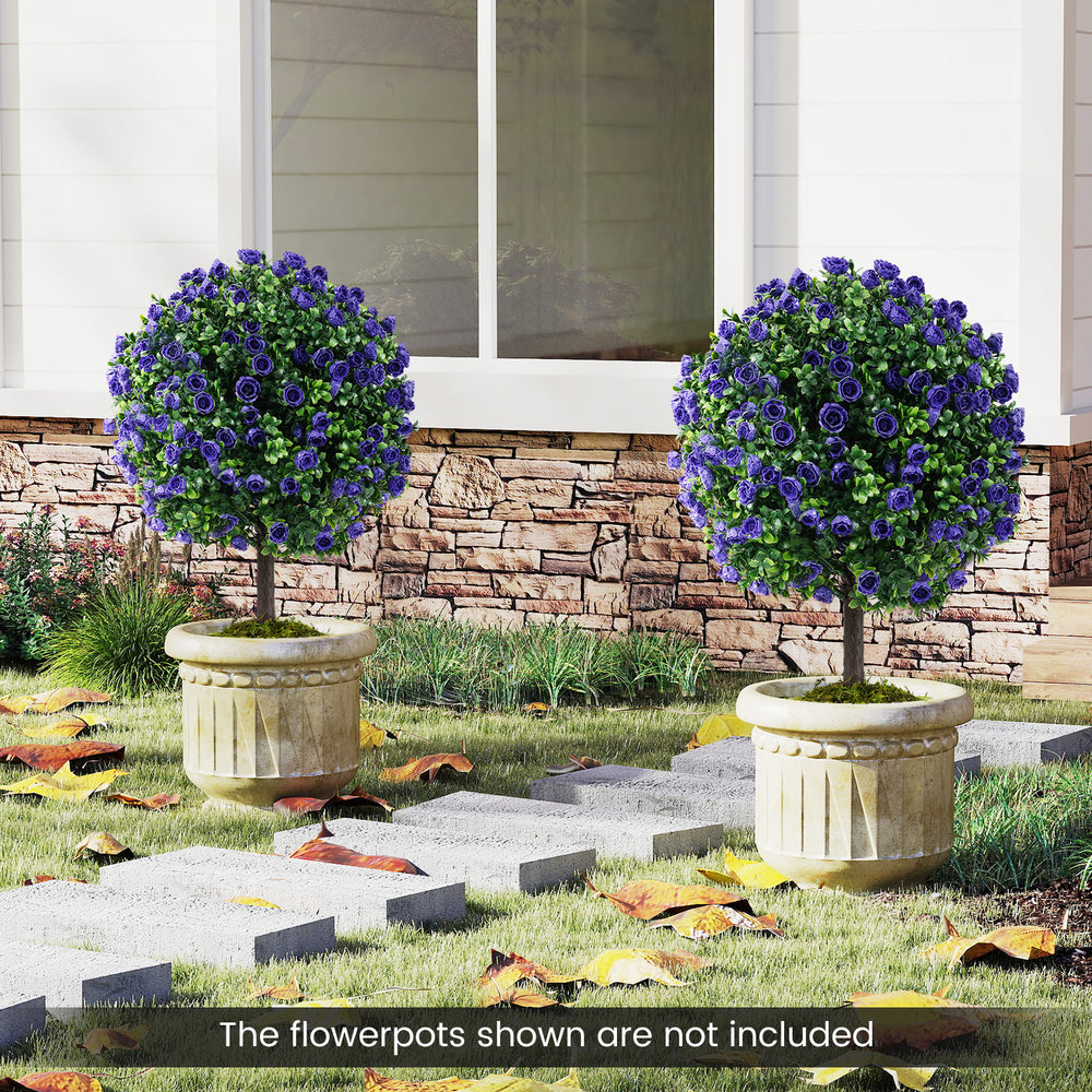 Single artificial purple rose topiary ball tree with vibrant leaves in a cement-filled pot, perfect for low-maintenance.