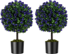 Set of 2 artificial purple rose topiary ball trees with cement-filled pots, ideal for indoor and outdoor decor.
