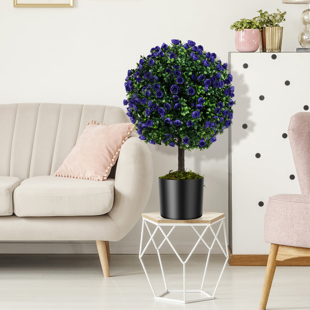 Artificial purple rose topiary ball tree with vibrant leaves in a cement-filled pot, ideal for indoor decor.