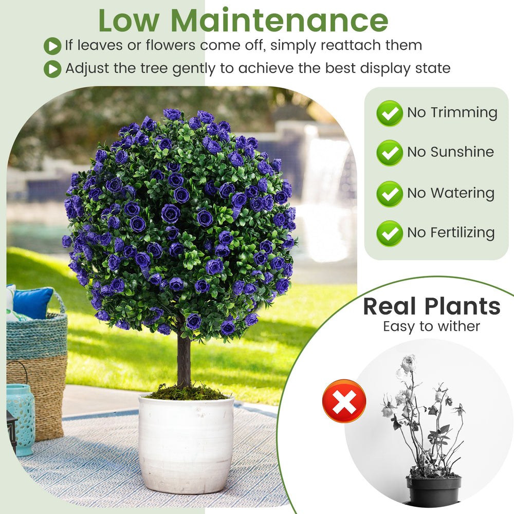 Set of 2 artificial purple rose topiary ball trees in a cement-filled pot, perfect for low-maintenance indoor or.
