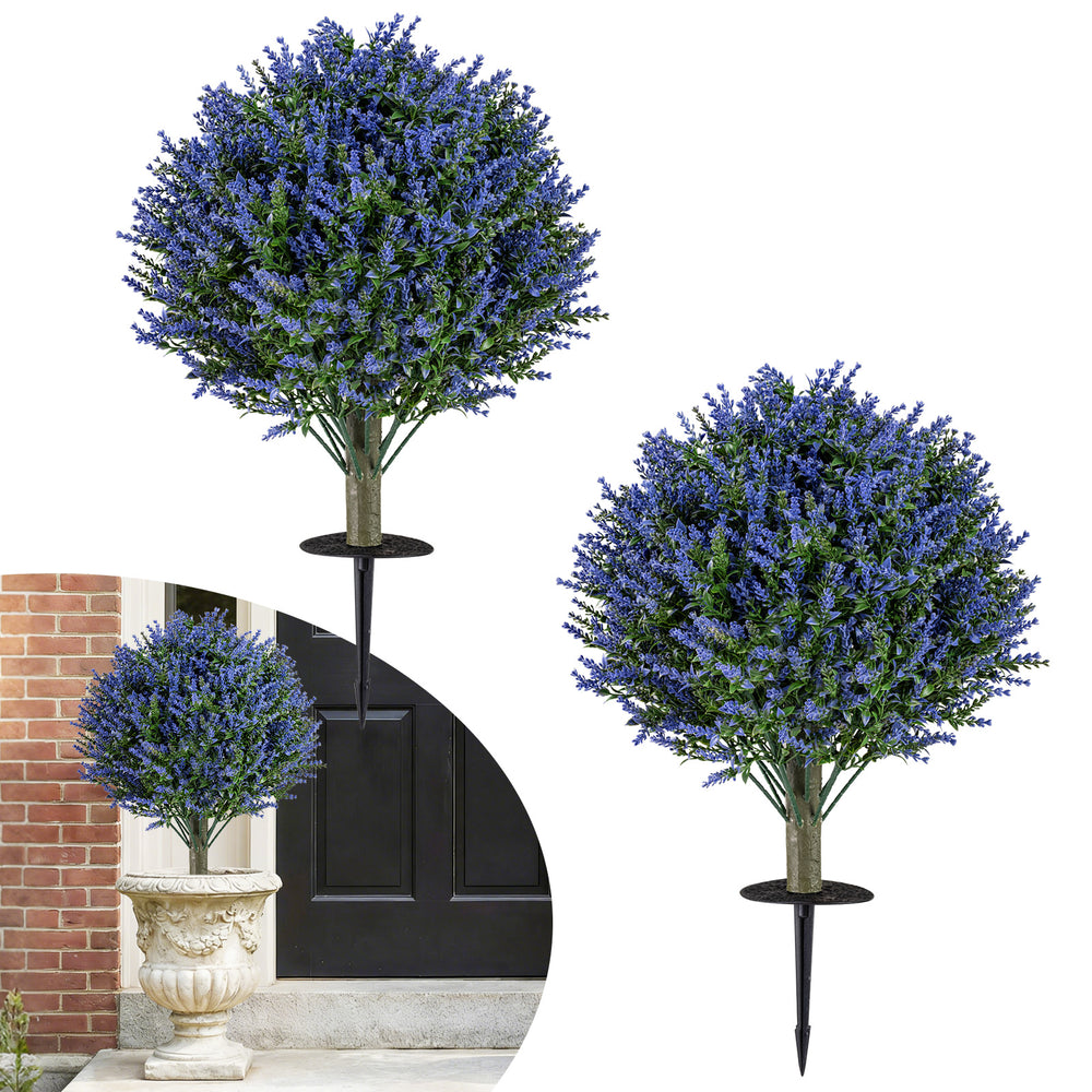 Set of 2 artificial lavender topiary ball trees with ground spikes, perfect for easy indoor and outdoor decoration.