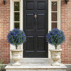 Set of 2 artificial lavender topiary ball trees in decorative planters, perfect for front porch or garden decoration.