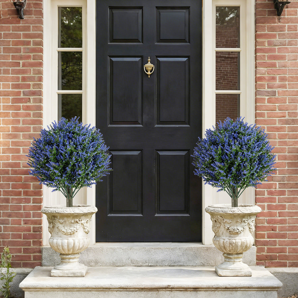 Set of 2 artificial lavender topiary ball trees in decorative planters, perfect for front porch or garden decoration.