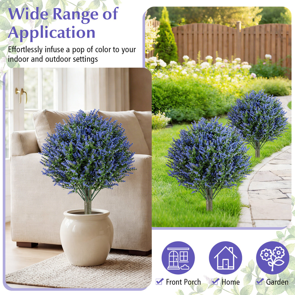 Set of 2 artificial lavender topiary ball trees in a planter, made of high-quality PE material for indoor and outdoor.
