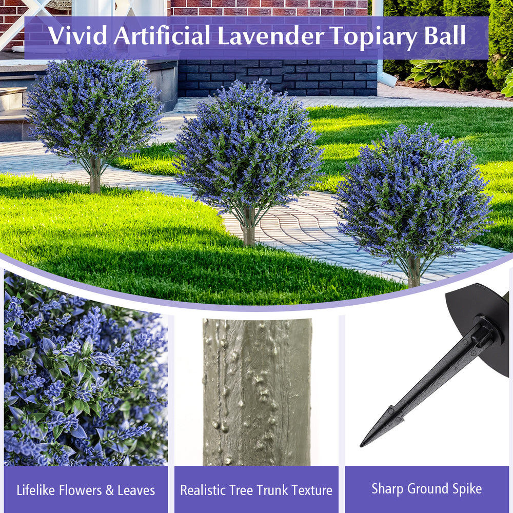 Set of 2 artificial lavender topiary ball trees with realistic trunk texture and sharp ground spikes for easy outdoor.