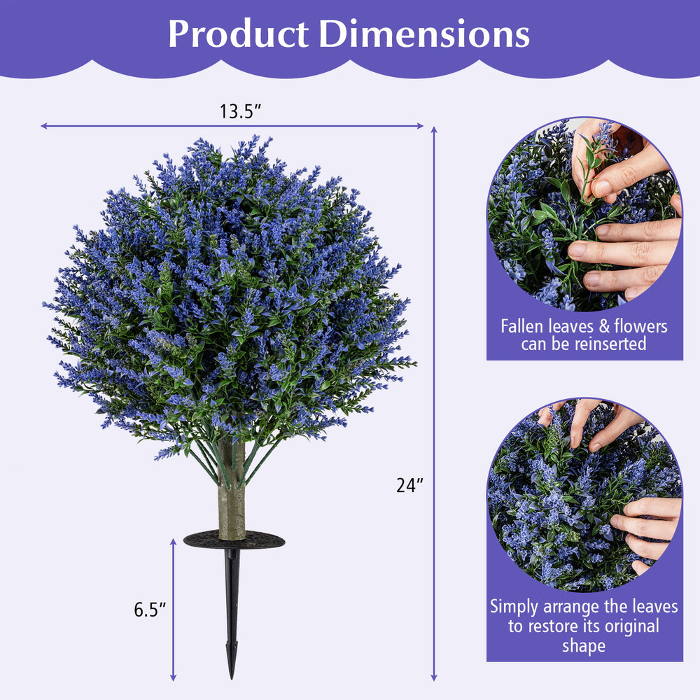 Artificial lavender topiary ball tree, 24" tall, made of PE material, perfect for indoor or outdoor decoration.