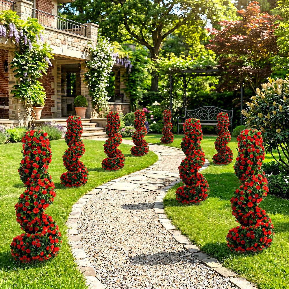 Set of 2 artificial spiral topiary trees in red, featuring 600 branch tips, sun-resistant PE material for outdoor decor.