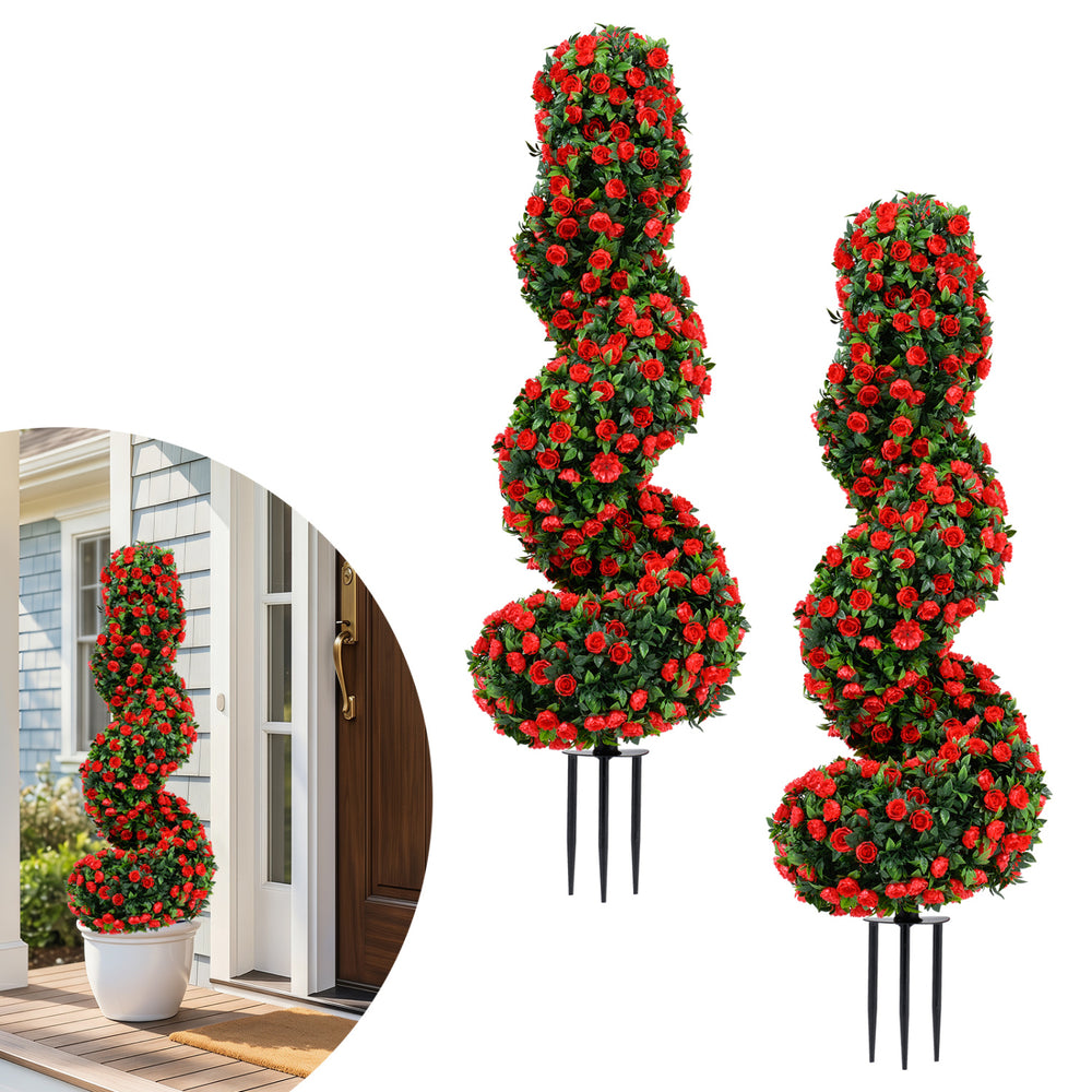 Set of 2 artificial spiral topiary trees in red with 600 branch tips, sun-resistant material, ideal for indoor and.