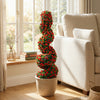 Artificial spiral topiary tree with red roses, made of sun-resistant PE material, perfect for indoor or outdoor decor.
