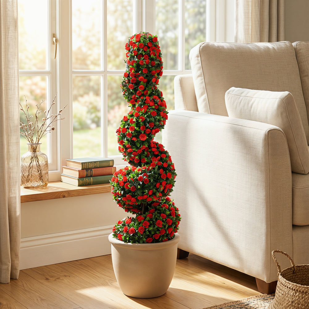 Artificial spiral topiary tree with red roses, made of sun-resistant PE material, perfect for indoor or outdoor decor.