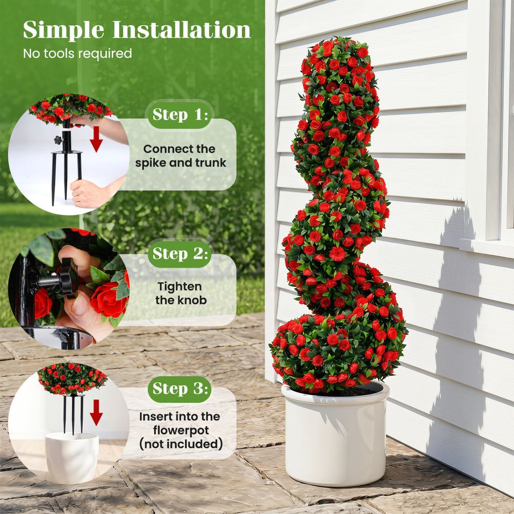 Artificial spiral topiary tree set with red roses, sun-resistant PE material, easy installation for indoor or outdoor.