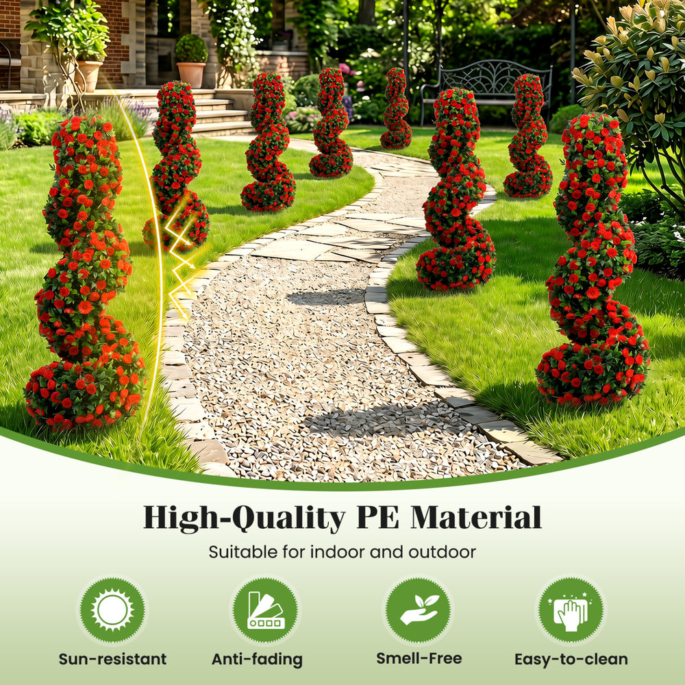 Set of 2 artificial spiral topiary trees in red, made of sun-resistant PE material, perfect for indoor and outdoor.