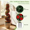Chic set of 2 artificial spiral topiary trees with red roses, 600 dense leaves, perfect for indoor or outdoor decor.