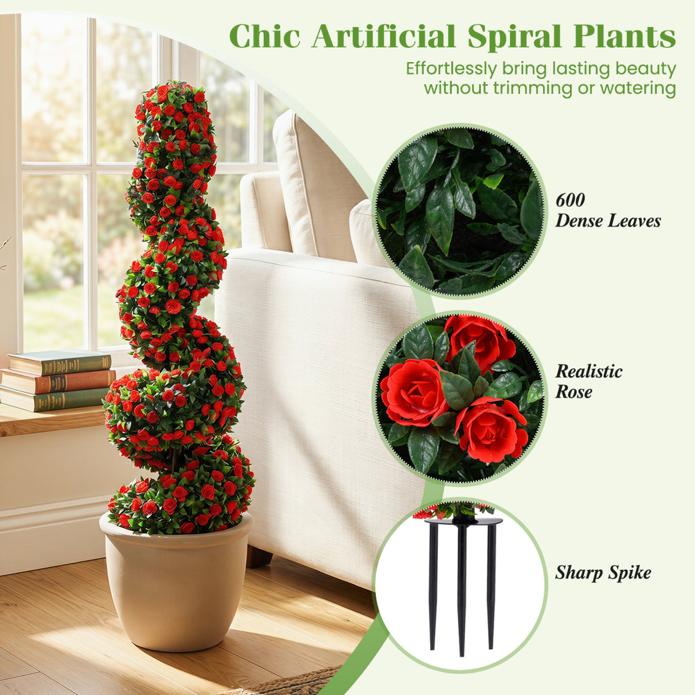 Chic set of 2 artificial spiral topiary trees with red roses, 600 dense leaves, perfect for indoor or outdoor decor.