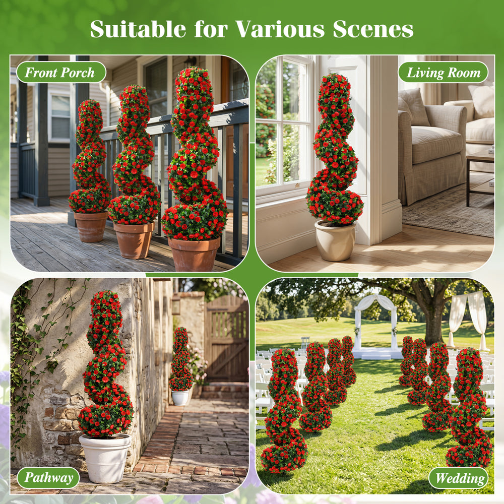 Set of 2 artificial spiral topiary trees in red, made of sun-resistant PE material, ideal for indoor and outdoor decor.