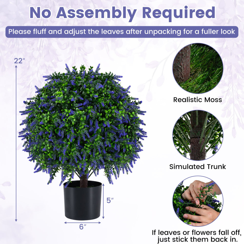 Artificial lavender topiary ball tree with vivid blooms and realistic moss, perfect for home decor or events.