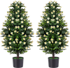 Set of 2 artificial topiary trees with white blossoms, 3 FT tall, perfect for home decor and maintenance-free greenery.