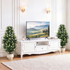 Set of 2 artificial topiary trees with white blossoms in weighted pots, perfect for enhancing any living space decor.