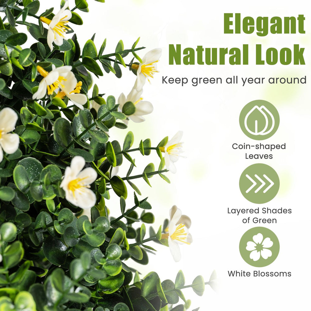 Set of 2 artificial topiary trees with white blossoms and coin-shaped leaves, ideal for versatile home and office decor.
