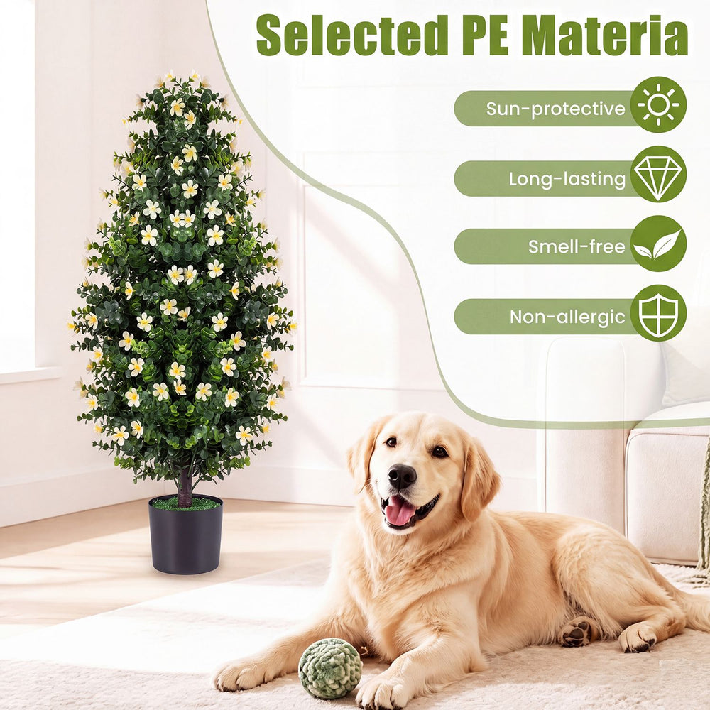 Set of 2 artificial topiary trees with white blossoms, made of durable PE material for versatile indoor and outdoor decor.
