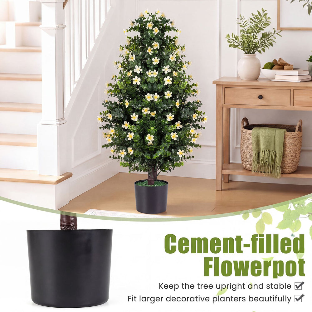 Set of 2 artificial topiary trees with white blossoms in cement-filled pots, ideal for home decor and maintenance-free greenery.