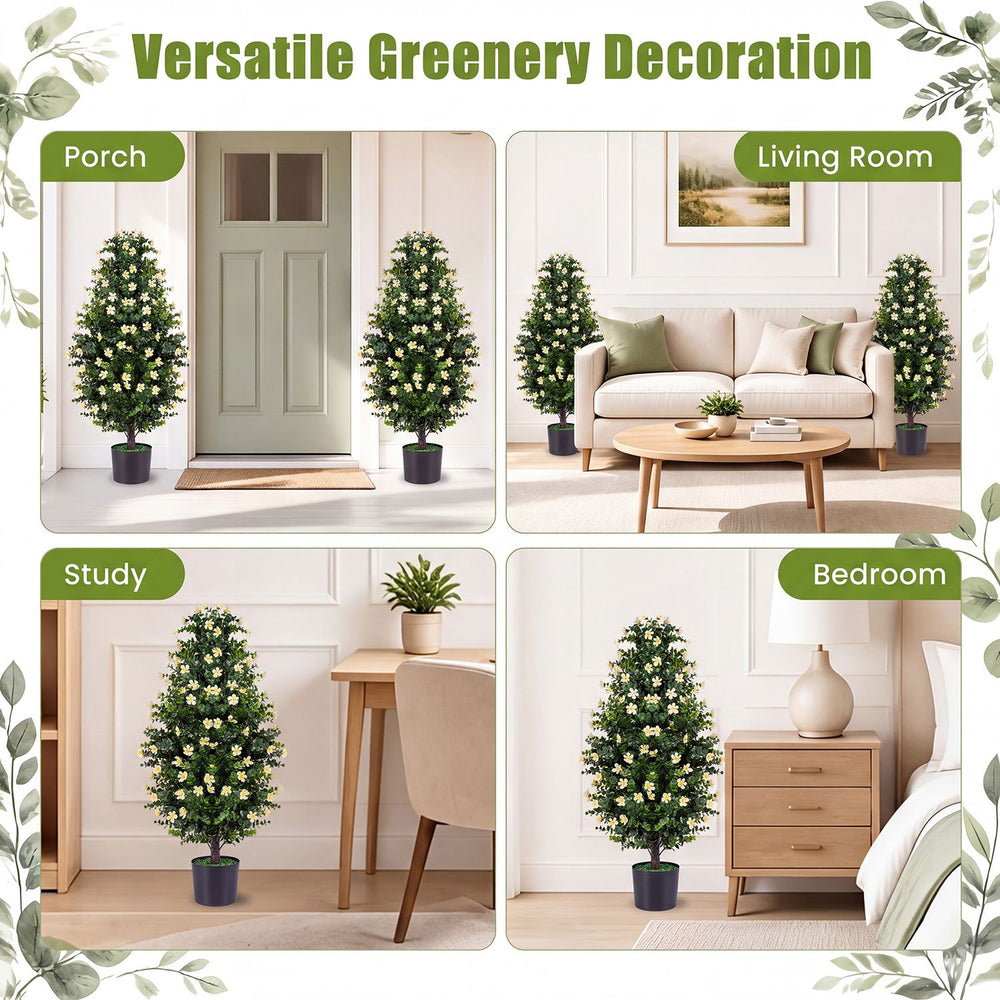 Set of 2 artificial topiary trees with white blossoms, perfect for enhancing porches, living rooms, and studies.