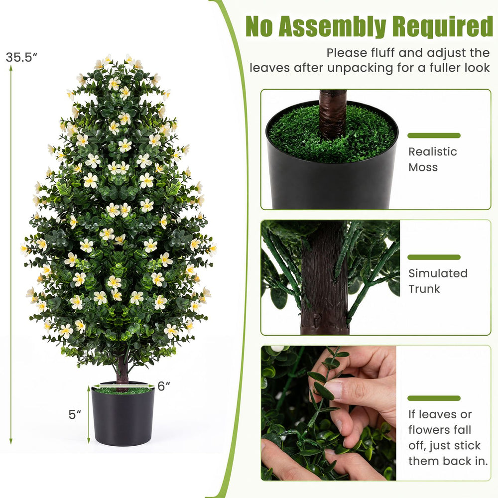 Artificial topiary tree with white blossoms, 3 FT tall, features a simulated trunk and maintenance-free PE material for versatile decor.