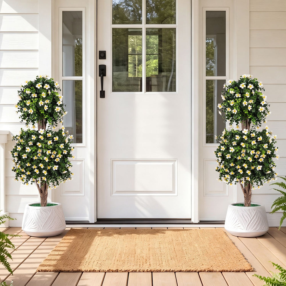 Set of 2 Artificial Topiary Trees Realistic Evergreen Plant with 2 Topiary Balls-White - Gallery View 1 of 10