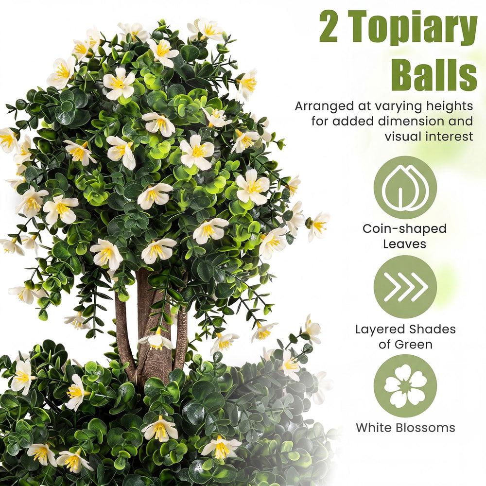 Set of 2 artificial topiary trees with white blossoms and varying heights for a vibrant, maintenance-free display.