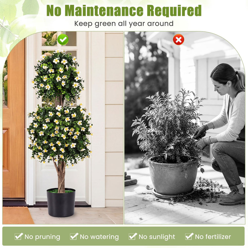 Set of 2 artificial topiary trees with white blossoms, featuring realistic foliage for maintenance-free decor in any space.