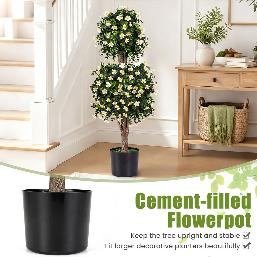 Set of 2 artificial topiary trees with white blossoms in weighted pots, perfect for home corners or outdoor decor.