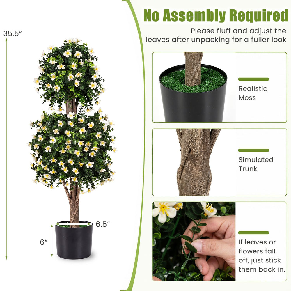 Set of 2 artificial topiary trees with realistic foliage and white blossoms, perfect for home decor and maintenance-free greenery.