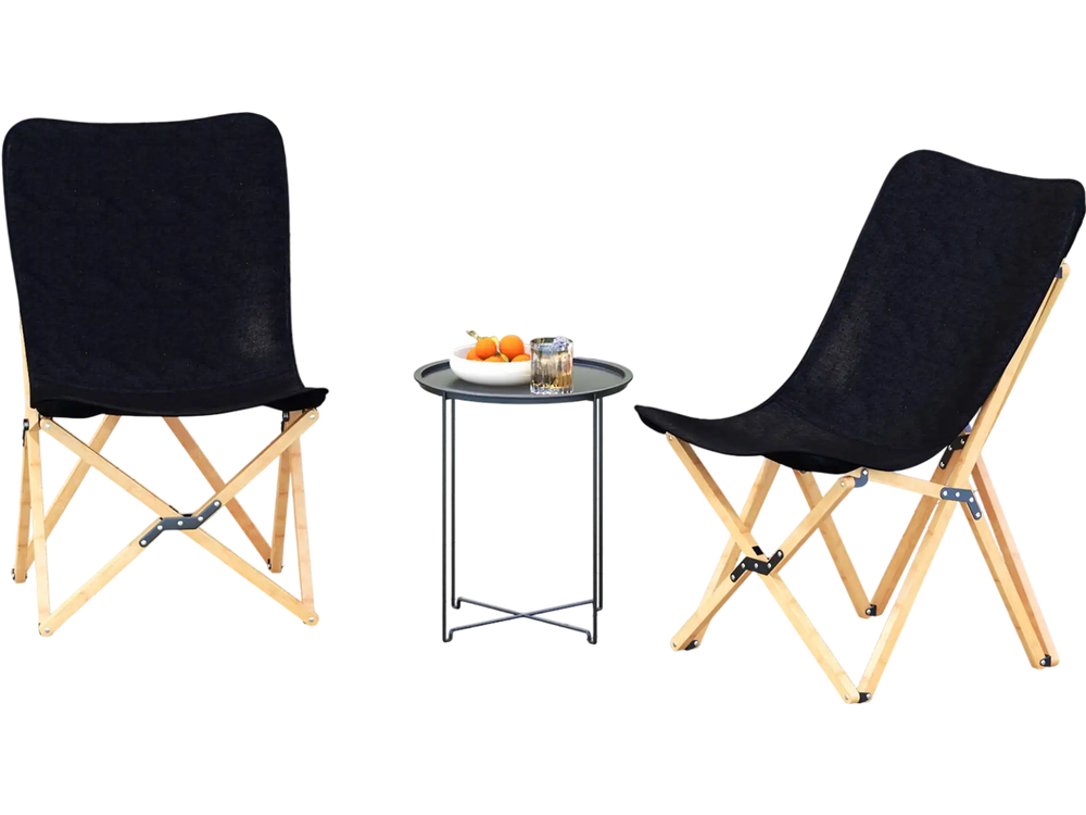Set of 2 black bamboo dorm chairs with storage pockets, perfect for outdoor camping and fishing by the pool.