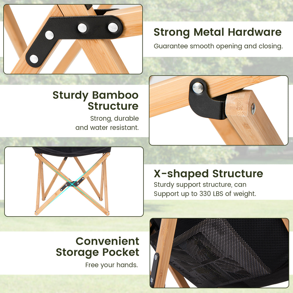 Bamboo dorm chair with storage pocket, sturdy construction, supports 330 lbs, ideal for camping and fishing.