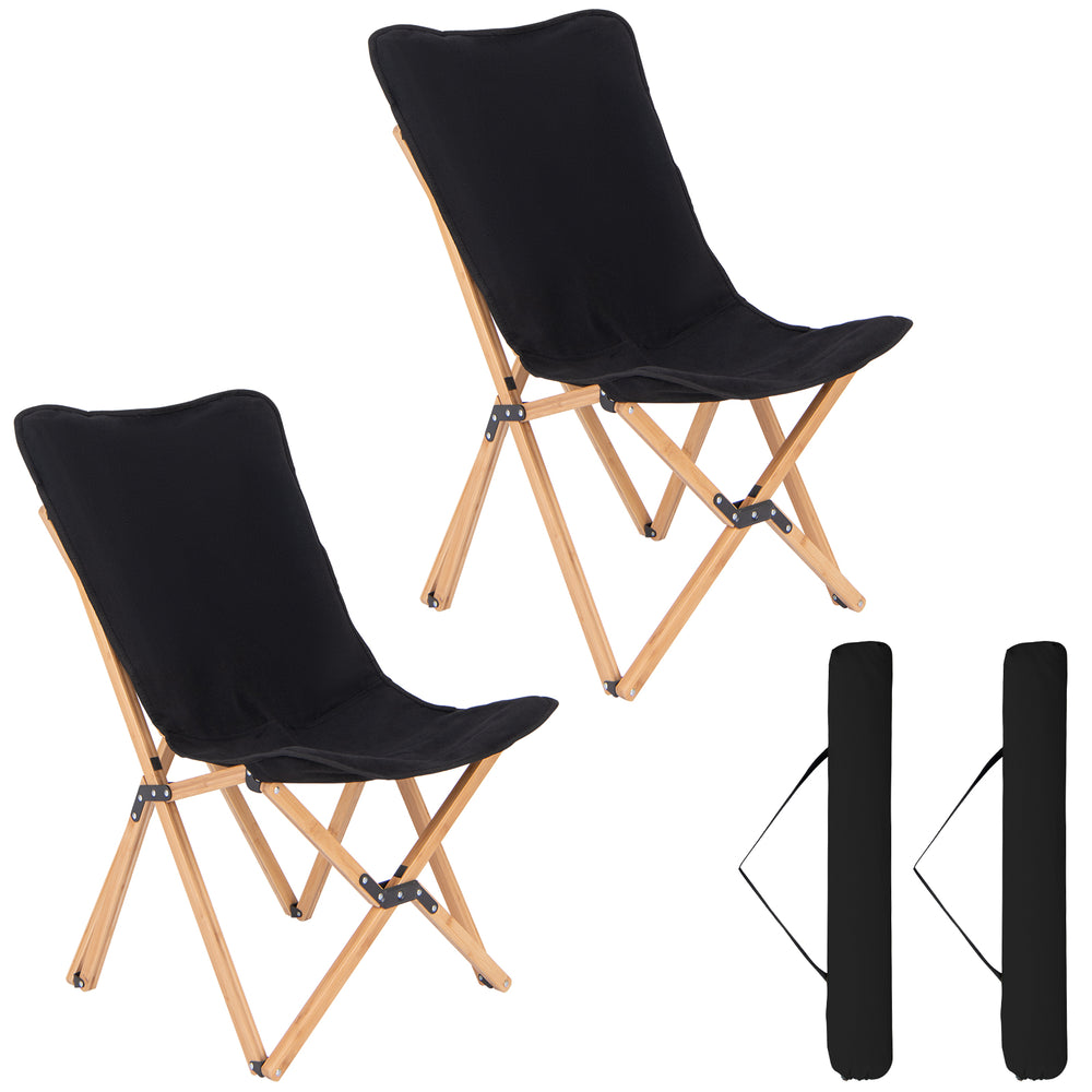 Set of 2 black bamboo folding chairs with storage pocket, ideal for camping and fishing, featuring sturdy metal.