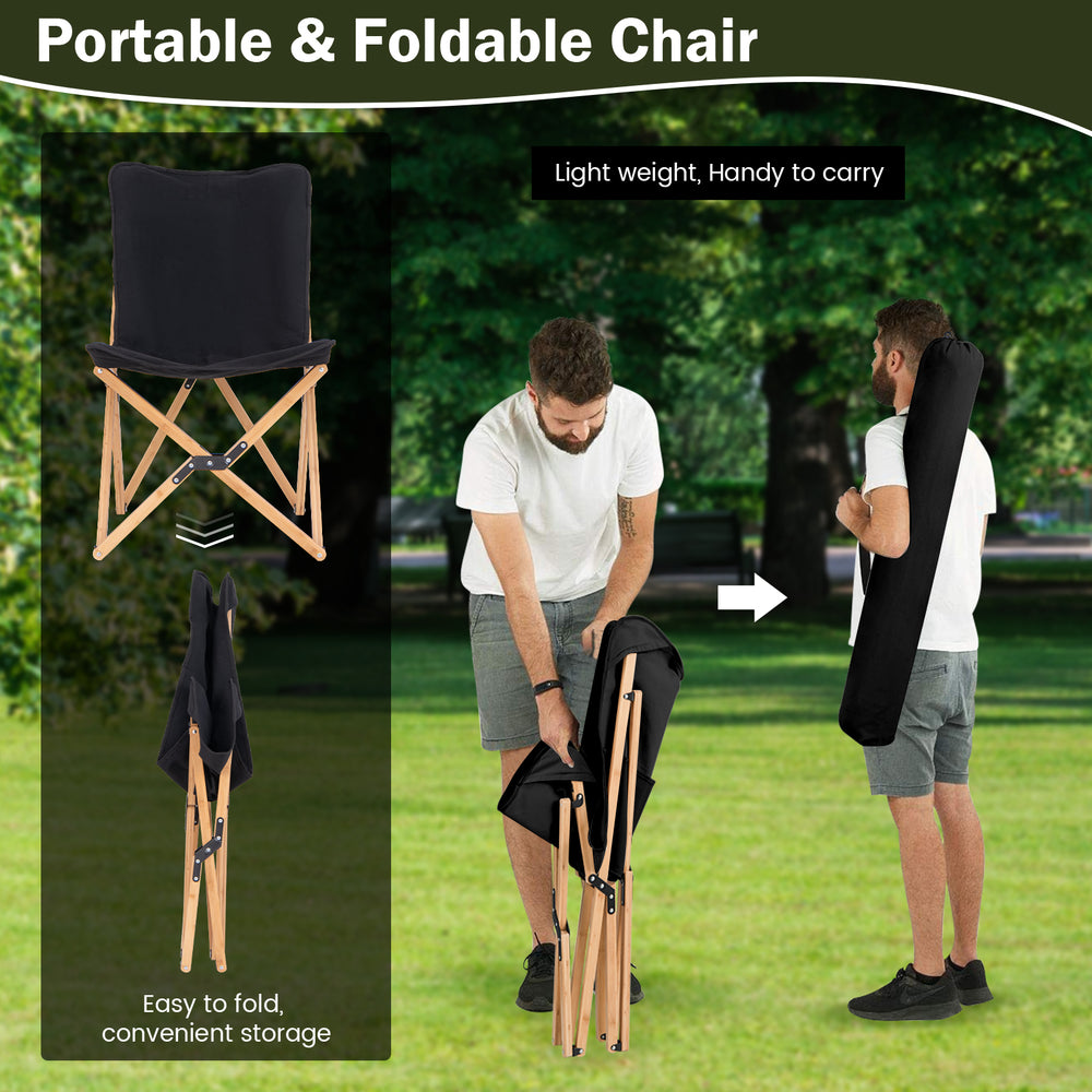 Black bamboo folding chair with storage pocket, lightweight at 3.5 kg, perfect for camping and fishing activities.