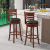 Set of 2 brown bar stools with PU upholstered seats, featuring a 360° swivel design and solid rubber wood construction.