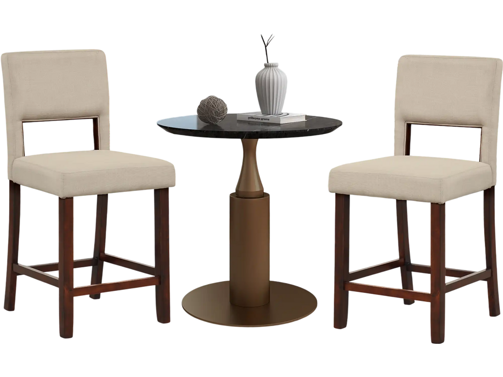 Two beige bar chairs with hollowed backs and rubber wood legs, perfect for cafes or home dining spaces.