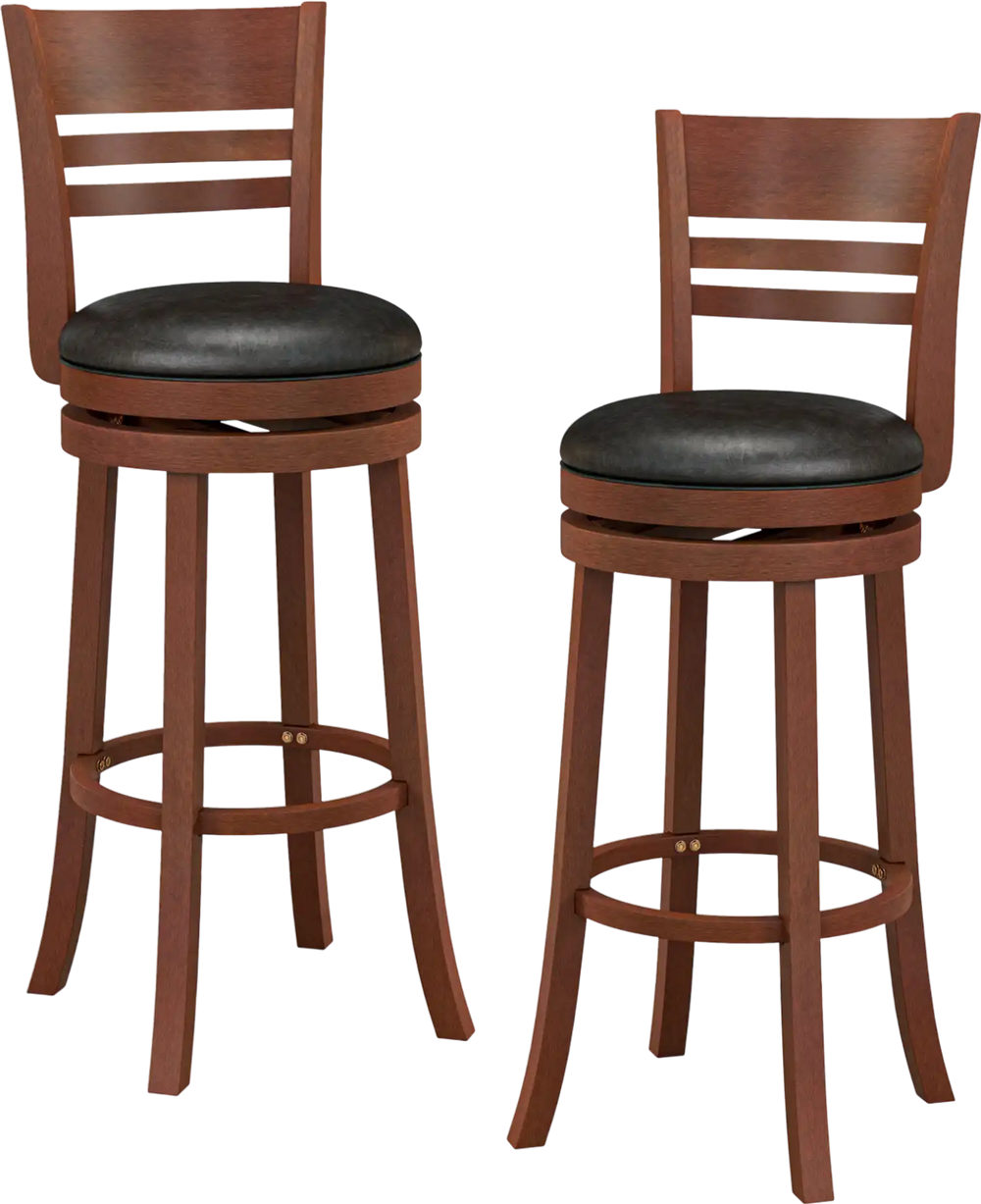 Set of 2 brown bar stools with PU upholstered seats, 360° swivel design, perfect for kitchen or pub use.