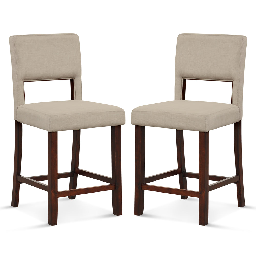 Two beige bar chairs with hollowed backs and rubber wood legs, perfect for home or cafe seating.