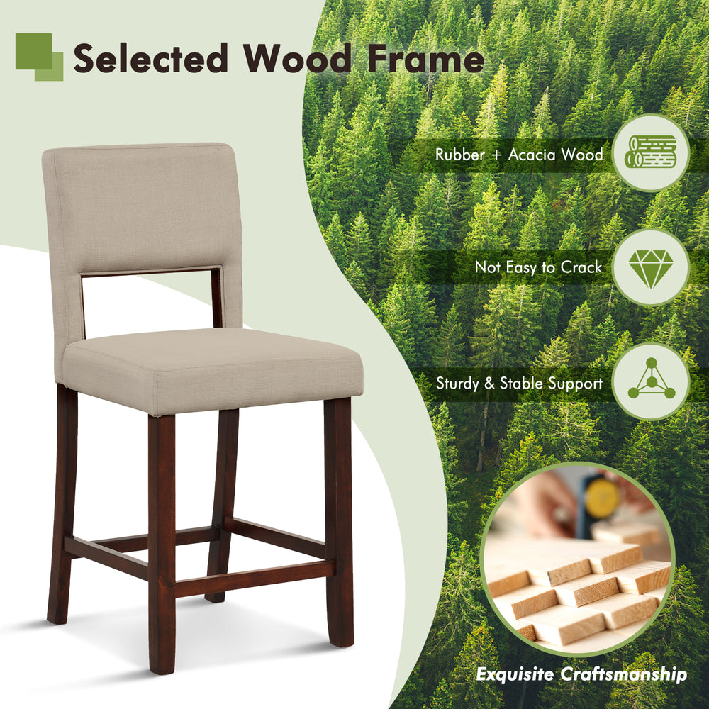 Beige bar chair with hollowed back and rubber wood legs, featuring a comfy design for cafes and home use.