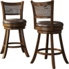 Set of 2 brown swivel bar stools with ergonomic backrests and rustic PE rattan design for stylish counter seating.