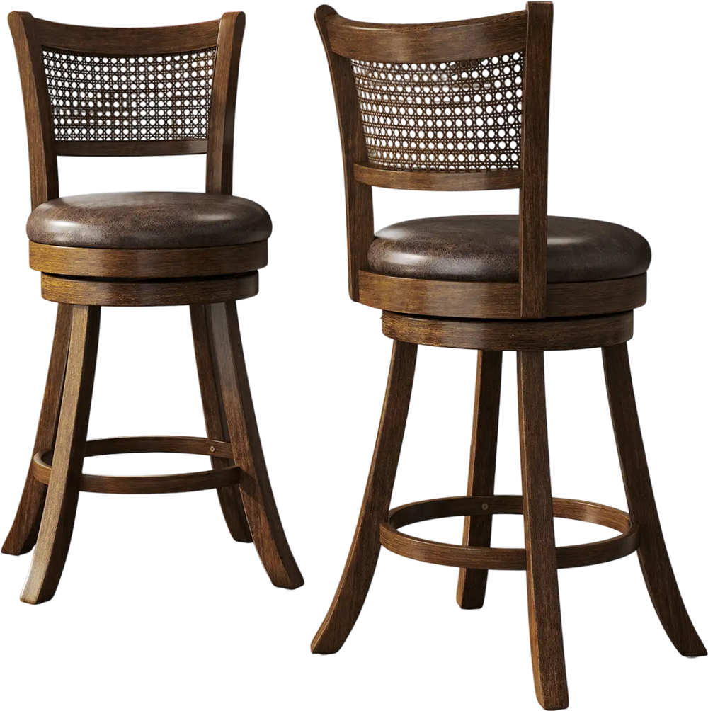 Set of 2 brown swivel bar stools with ergonomic backrests and rustic PE rattan design for stylish counter seating.