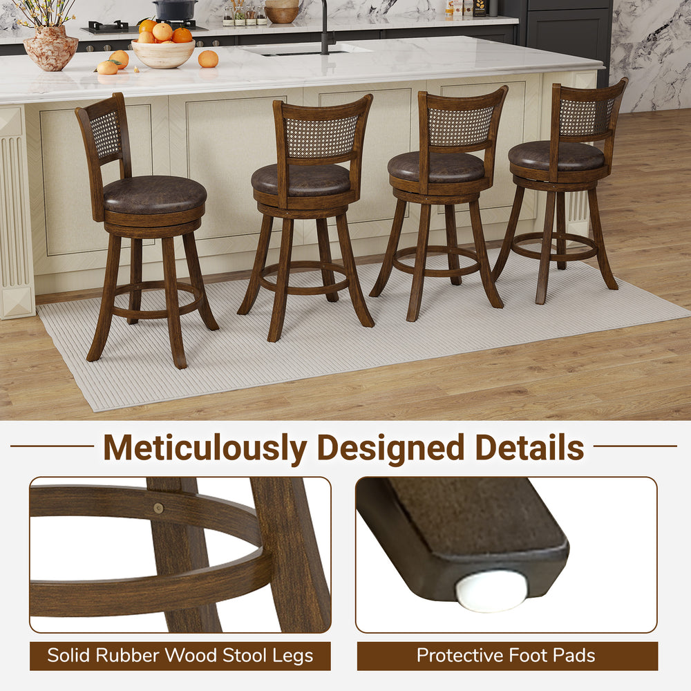 Set of 2 brown swivel bar stools with ergonomic backrest, solid rubber wood legs, and protective foot pads for.