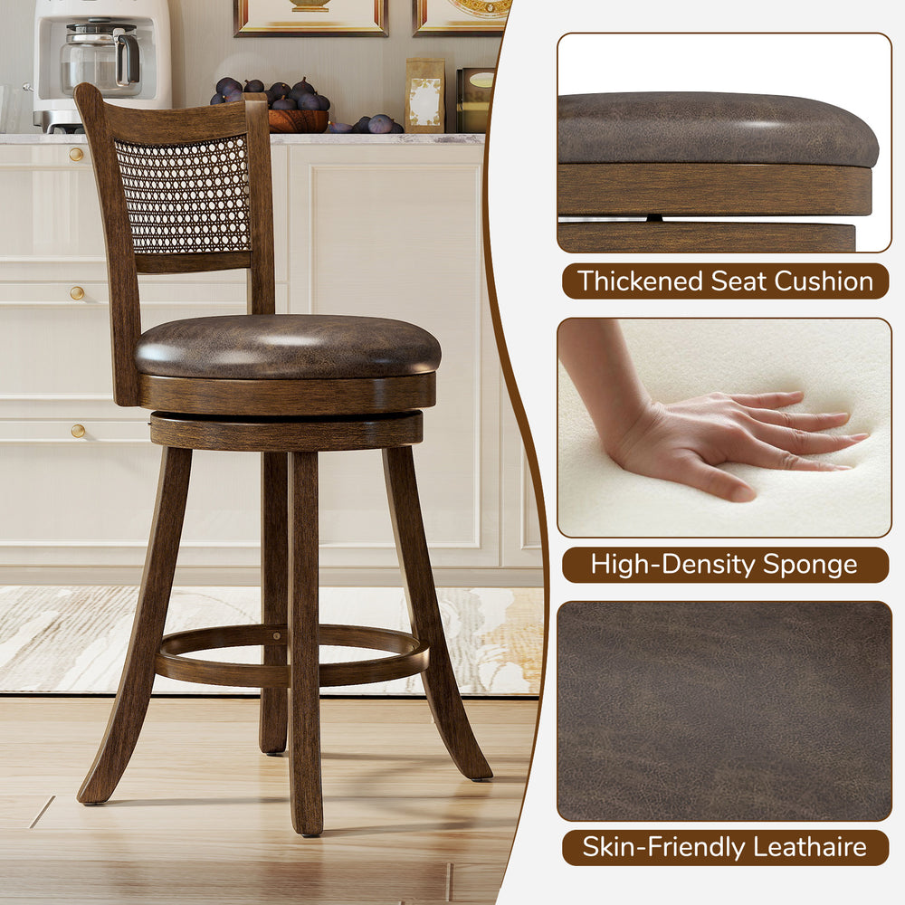 Brown swivel bar stool with ergonomic backrest and thickened seat cushion, ideal for counter height seating.